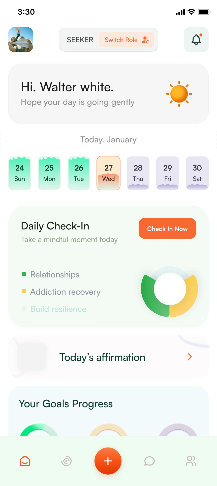 GM5 home screen showing the daily emotional check-in and goals progress