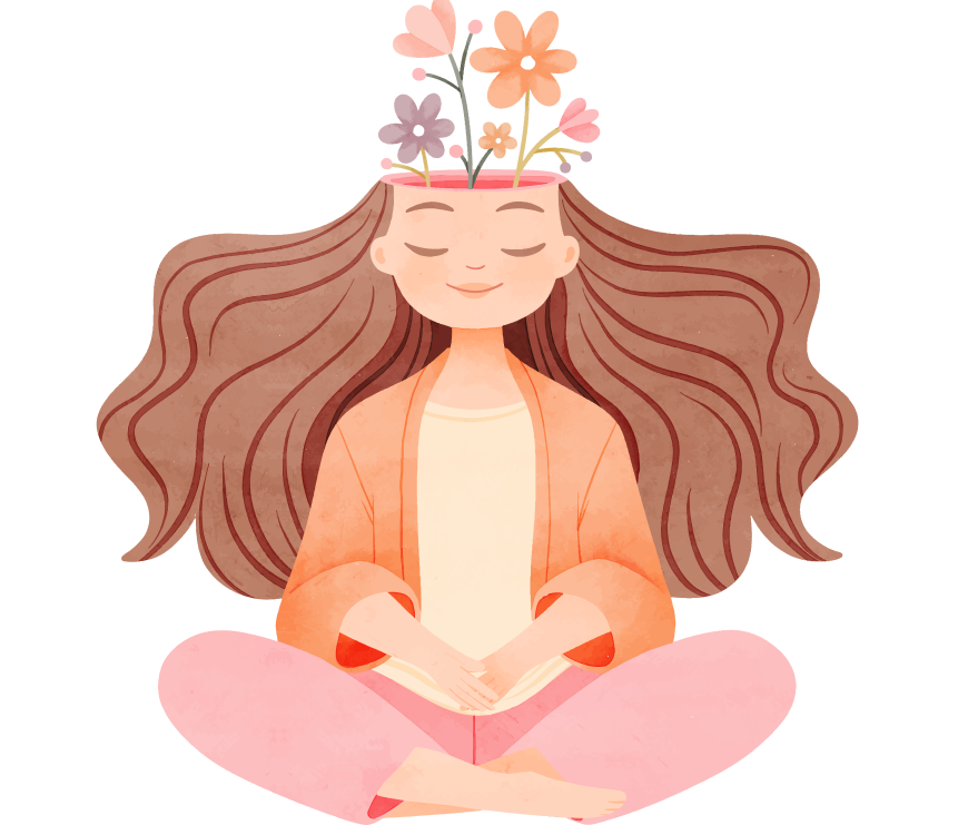 A person meditating with flowers growing from their mind