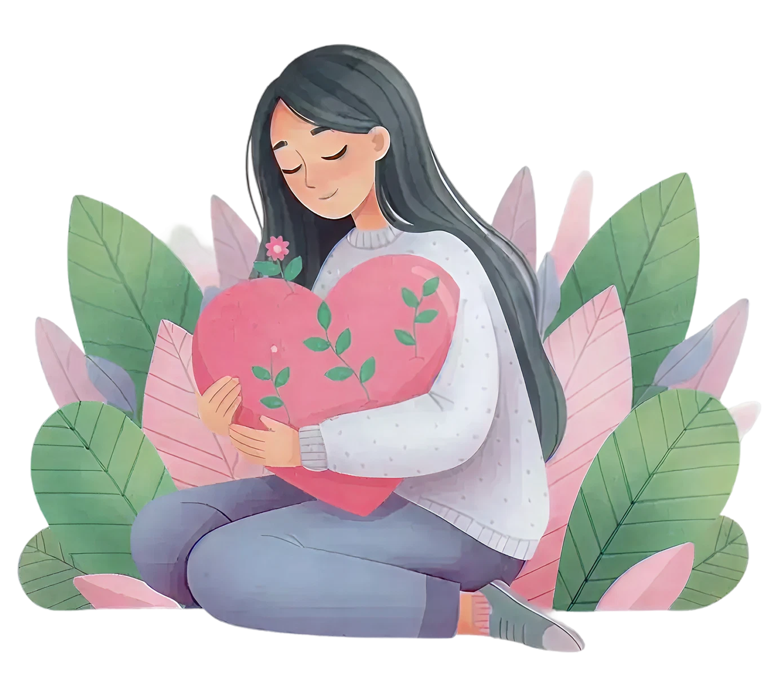 A person sitting calmly, holding a heart with growing leaves