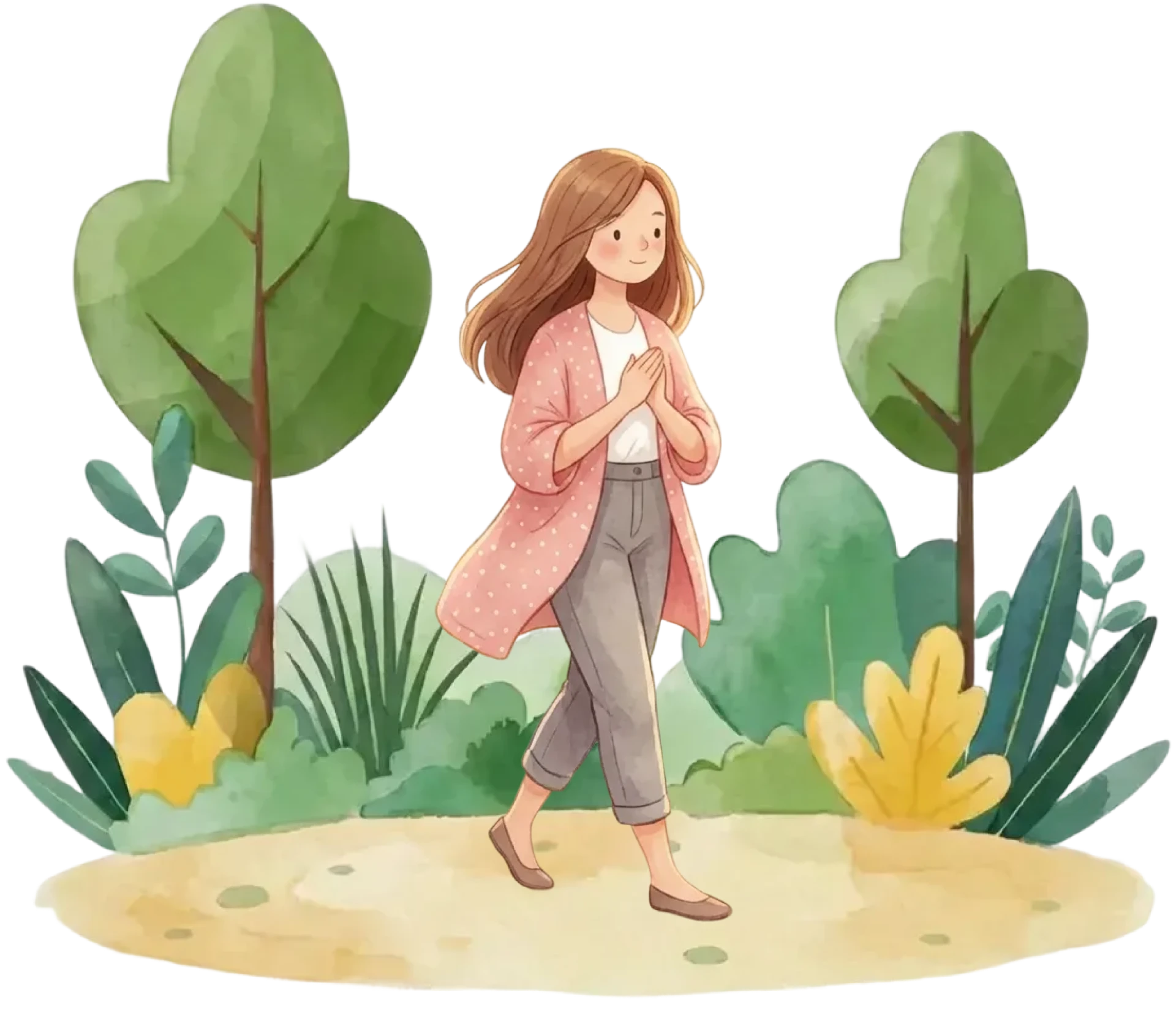A person walking calmly through a green outdoor space